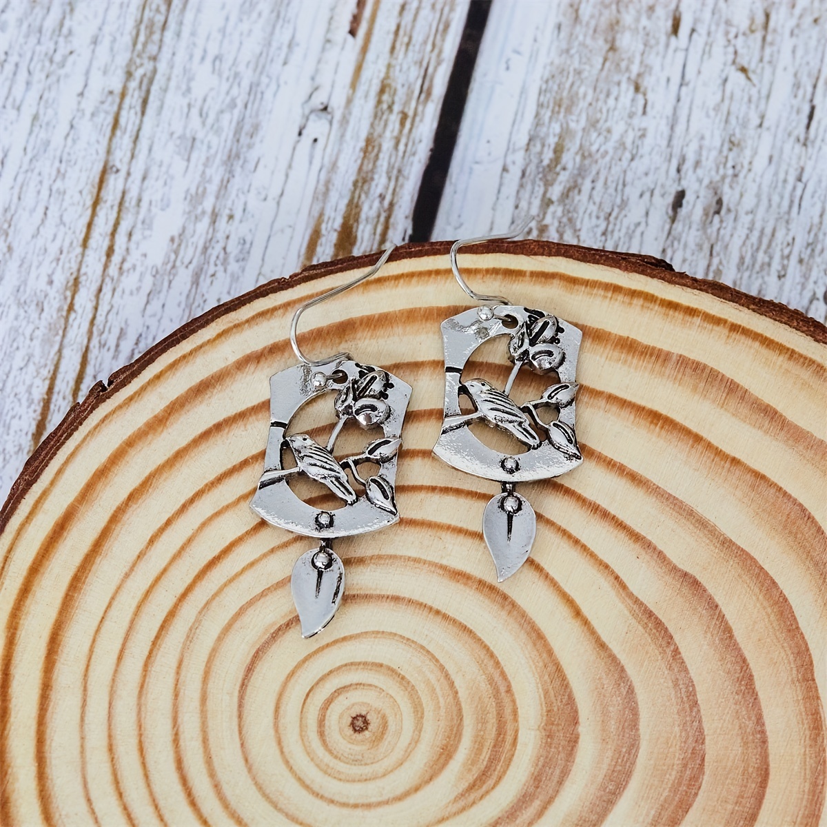 Gothic Retro Hollow Leaf Bird Pendant Earrings